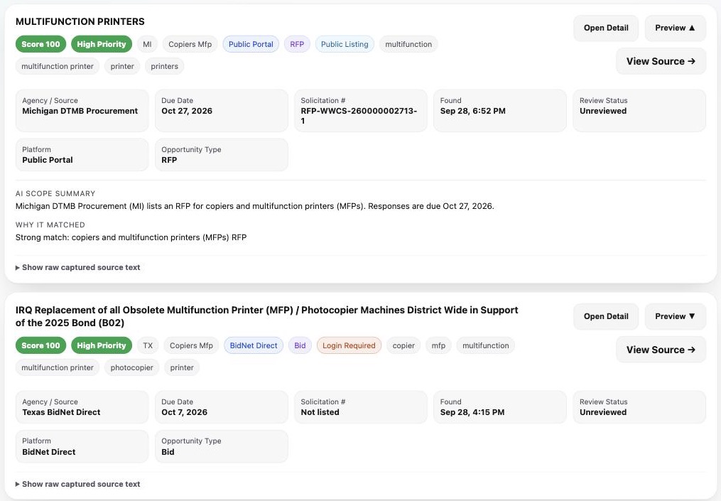 MPSHunters lead cards showing scored, high-priority copier and multifunction printer bids with agency, due date, AI scope summary, and why each lead matched.
